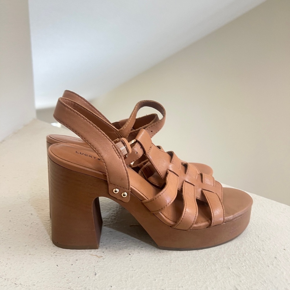 Lucky Brand Sandals Block Heels Size 10 Platform Ankle Strap Shoes Leather Brown